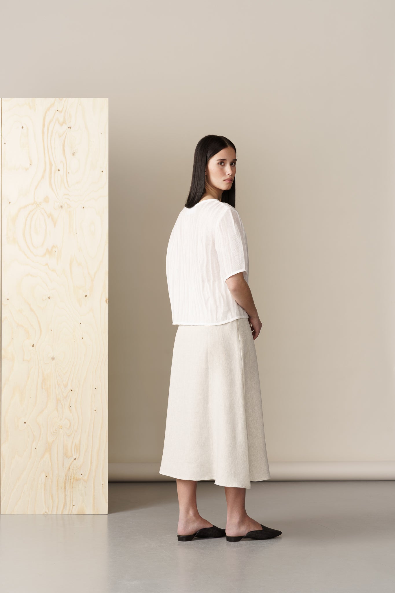 white silk top and natural linen skirt